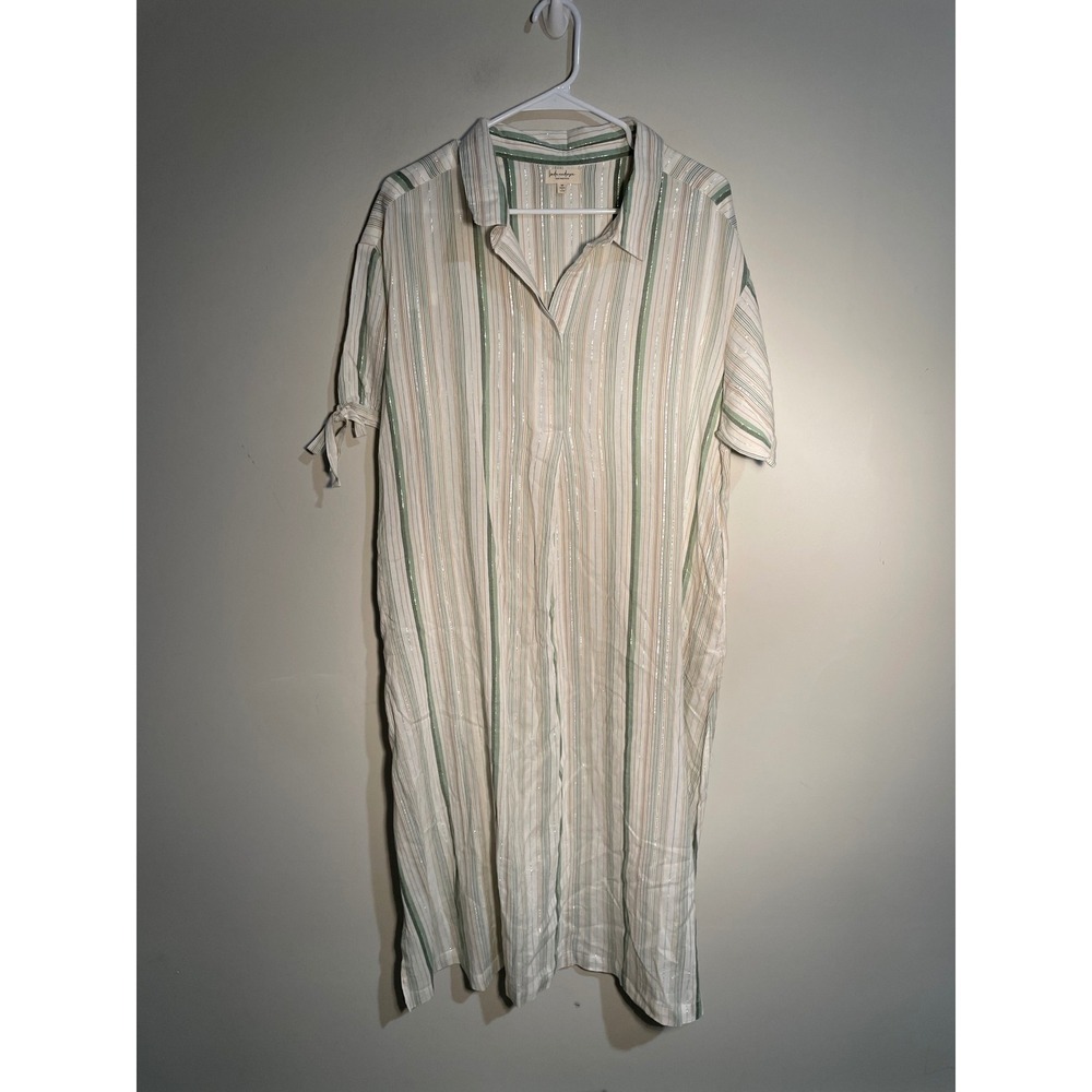 Linda Anderson Green Metallic Striped Midi Shirt Dress Size Medium‎ Coastal